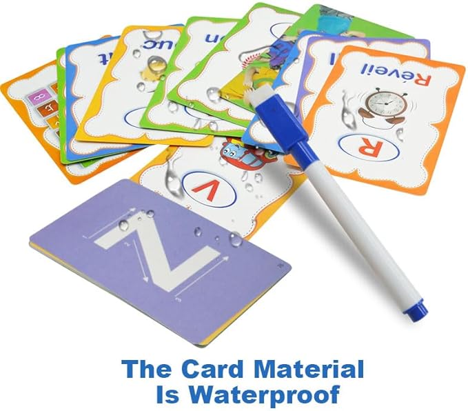 Erasable French Alphabet flashcards. - Write and Wipe Laminated ABCD Letter Tracing Practice Card for Kindergarten (26 Flashcards with Marker) (French Version)