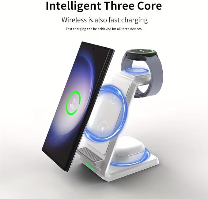 3-in-1 15W Wireless Charger Making the Desktop Cleaner Wireless Charger with Dual CoilWhite