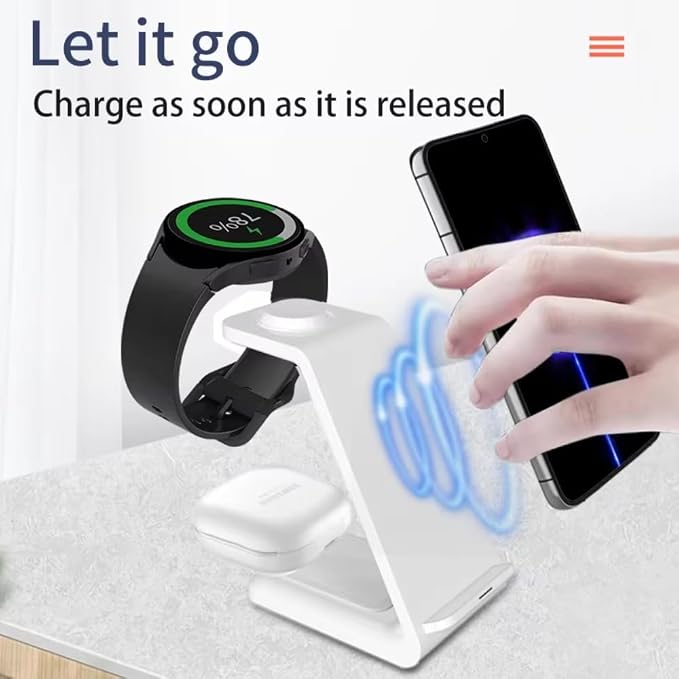 3 in 1 15W Travel Wireless Charger for Samsung Galaxy S23 S22 Watch 6 pro/5/4/3 Active 1 2 Buds 2 Pro Plus Fast Charging Station (White)