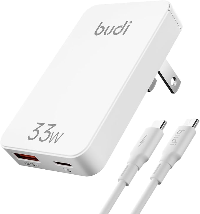 BUDI 33W Extra Slim Portable Wall Charger 2-Port Wall Charger Convenient Travel Accessories Compatible with MacBook and IPad iPhone Samsung Galaxy USB C Laptop Switch Etc. (33W iPhone Set)