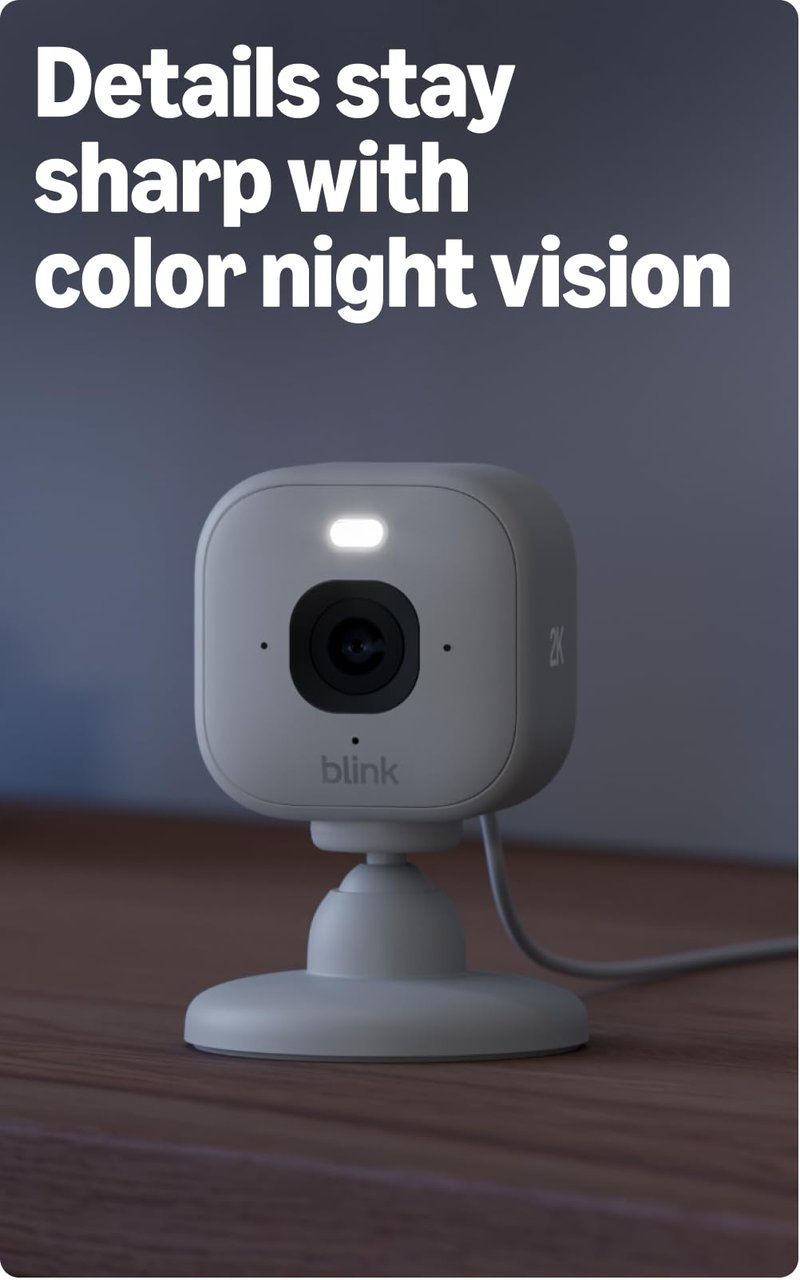 Blink Mini 2K+ (newest model) with 1-Year Plus plan – Plug-in Home & Pet Security Camera with 2K video resolution, smart motion detection, works with Alexa – 1 camera (White)