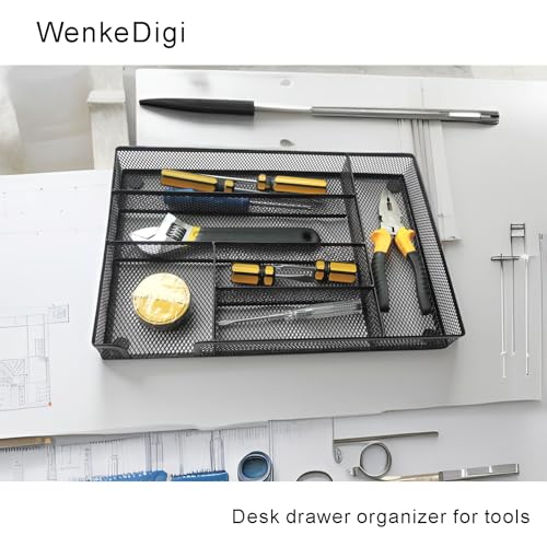 2-Pack Metal Mesh Desk Drawer Organizer Tray Set, 6-Compartment Office Drawer Organizer for Pens Supplies, 12.6"x8.27"x1.57" Black - color: 2pcs packed black
