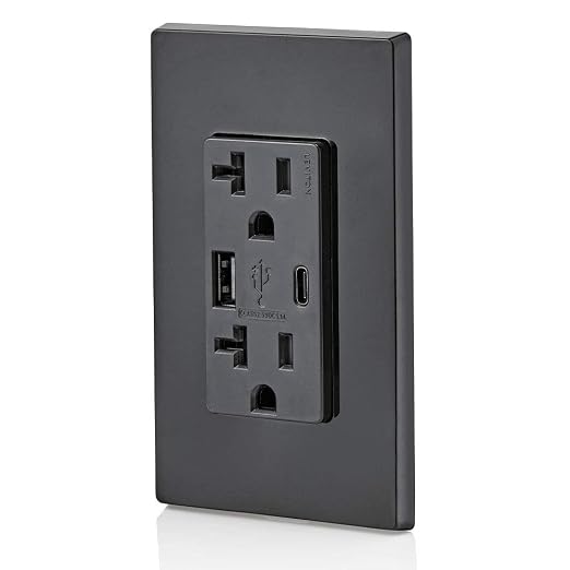 Leviton Type A &amp Type-C USB In-Wall Charger with 20A Tamper-Resistant Outlet USB Charger for Smartphones and Tablets. Not for Laptops T5833-E Black