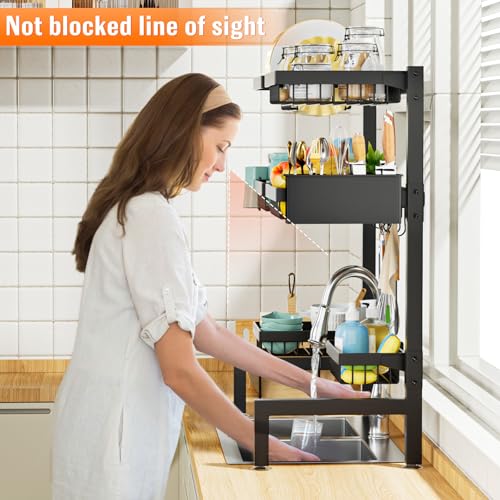 YKLSLH 3 Tiers 6 Baskets Over The Sink Dish Drying Rack Extendable (26.57"-35"), Large Dish Drying Rack, Kitchen Cutlery Drainer Metal Storage Counter Rack - color: Black, size: 3 tiers 6 baskets