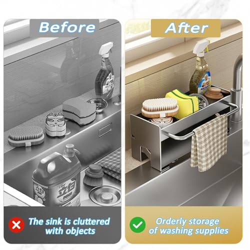 Kitchen Sink Caddy Organizer,Sponge Holder for Kitchen Sink with Drain Board,Stainless Steel - color: Black