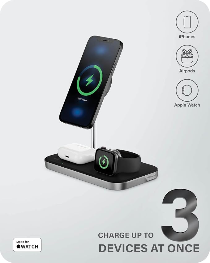ALOGIC MagSpeed 3-in-1 Wireless Charging Station MagSafe Compatible Charger for iPhone 15/14/13/12 Series Apple Watch &amp AirPods Charging Case LED Indicator