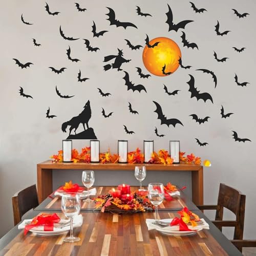 Halloween Moon Wall Decals Witch Bats Decal Removable Peel and Stick Wolf Wall Decals Halloween Party Supplies Decorations