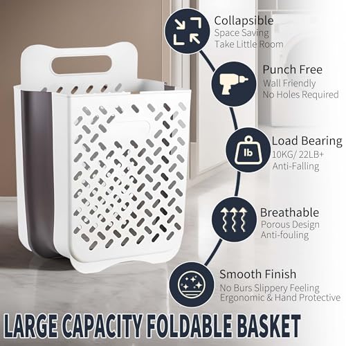 Plastic Foldable Laundry Basket with Handle, 42L Wall Mounted Laundry Hamper Freestanding Dirty Clothes Hamper, Collapsible Laundry Baskets Pop Up Hamper Storage Container for Snacks Dolls - size: XL