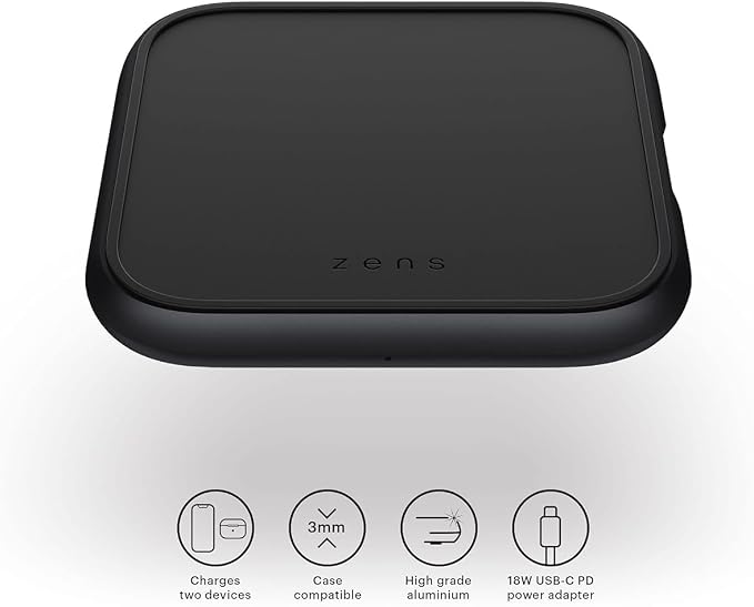 Zens Qi Certified Aluminium Wireless Charging Pad Supports Fast Wireless Charging up to 10 Watts - Works with All Qi-Enabled Devices