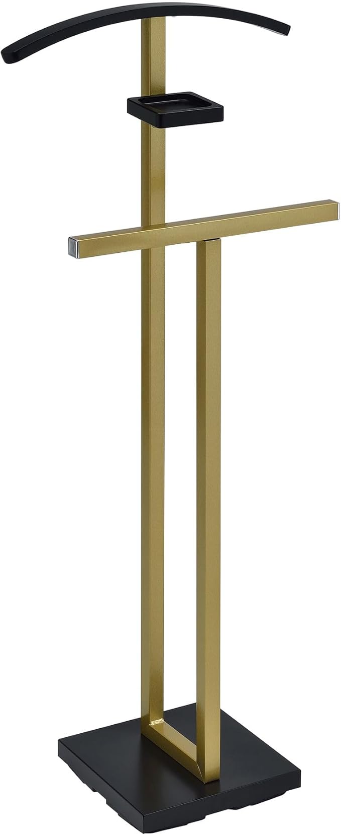 Kings Brand Furniture Vaccaro Metal Suit Valet Stand – Freestanding Clothes Organizer with Jacket Hanger, Pants Bar, Tie Holder & Storage Shelf – Modern Bedroom Garment Rack (Gold/Black)