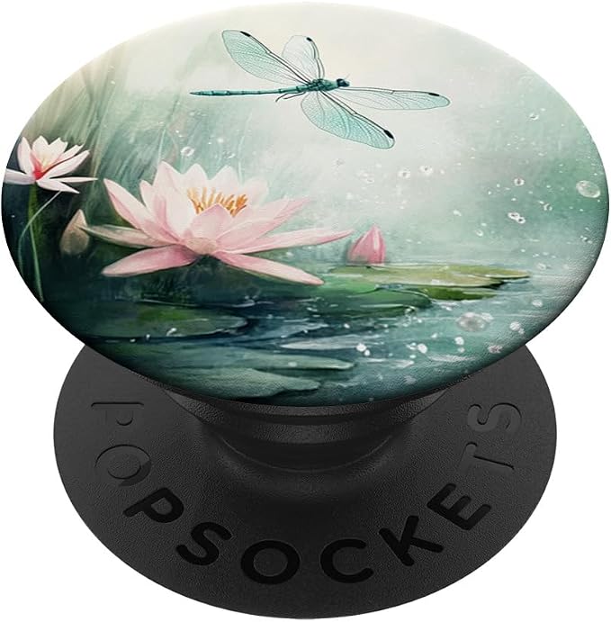 Aesthetic Floral Lotus And Dragonfly Watercolor Art PopSockets PopWallet for MagSafe