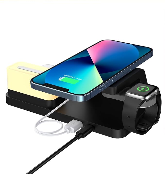 IHAO 3in1 Multifunctional Foldable Wireless Charging Station with LED Ambient Night Light Fast QC3.0 Charger for Phone iWatch Headphone Space-Saving Auto-Shutoff &amp Overcharge Protection-Black