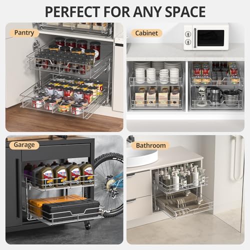 ZOINLIY Pull Out Cabinet Organizer, Versatile Slide Out Kitchen Organizers and Storage,Heavy Duty Drawer Cupboard Storage Basket, Smooth Sliding, Chrome Finish (2-Tiers-22¼''W×22“D) - size: 2-Tiers 22¼''W×22'D
