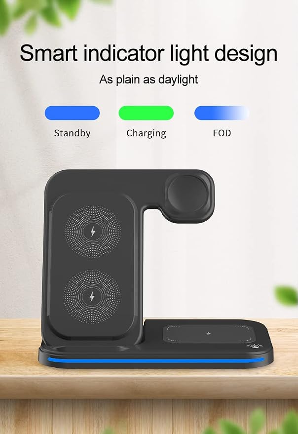 Foldable 3 in 1 Charging Station Dual Coil Wireless Charger for iPhone 17 Apple Watch Ultra 1-10 Charging Dock for Air. Pods (No A/C Adapter USB C to C Cord)