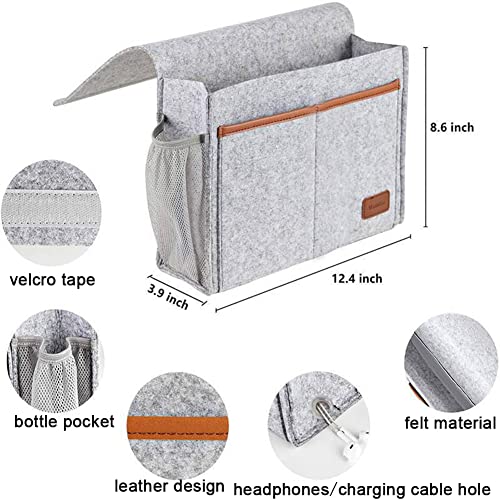 Bedside Caddy,Felt Bedside Storage Organizer, Hanging Storage for Dorm Bed Sofa for tablet Magazine Phone Remotes and Water Bottle Holder (Light Grey)