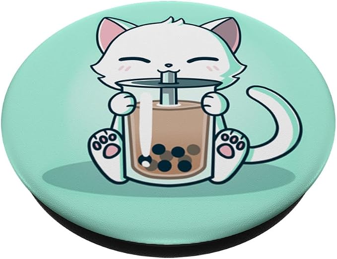 Cute Boba Kit Tea Cat Enjoying Tea Pet Kitty Lover Green PopSockets PopGrip: Swappable Grip for Phones &amp Tablets