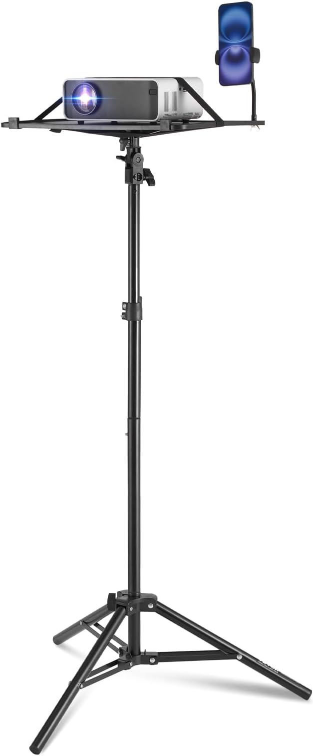 VEVOR Projector Stand, Laptop Stand Tripod Adjustable Height 26.97 to 63 in, Portable Projector Tripod with Tray & Gooseneck Phone Holder, for Outdoor Movies, Home, Office, Stage or Studio