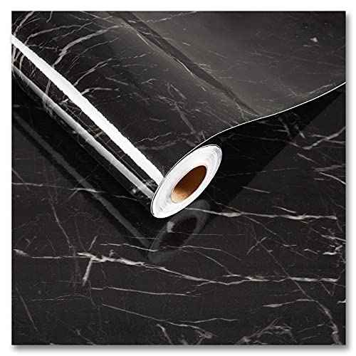 CRE8TIVE Black Marble Contact Paper for Countertops Waterproof Glossy Marble Wallpaper Peel and Stick Countertops Self Adhesive Removable Marble Vinyl Roll for Cabinets Table Tops Shelf Liner 12"x80"