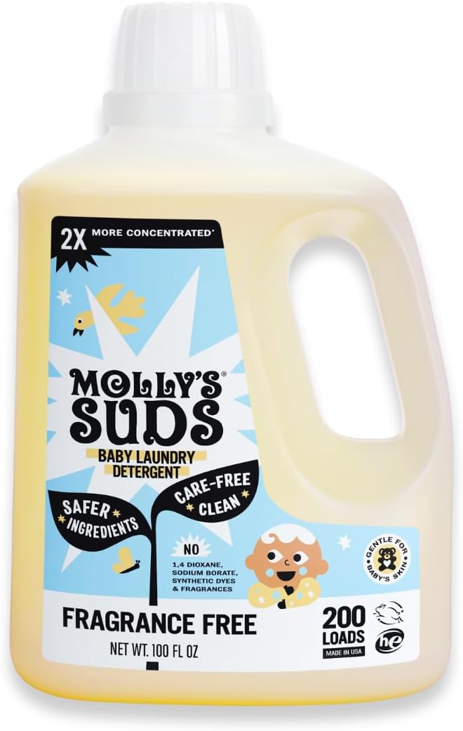 Molly's Suds Baby Liquid Laundry Detergent | Removes Formula, Poop & Spit-Up Stains | Extra Gentle for Infants, Babies, Toddlers (Fragrance Free, 200 Loads)