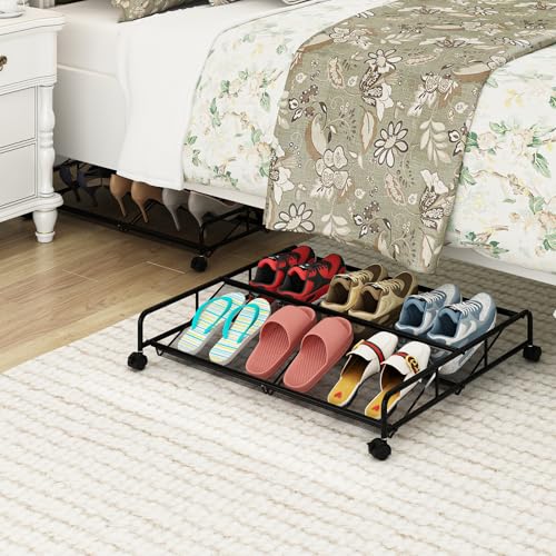 Under Bed Shoe Storage Organizer, Metal Mesh Under Bed Storage Containers with Wheels, Shoe Organizer Drawer Space Saving for Bedroom, 1 Pack - size: 1 Pack