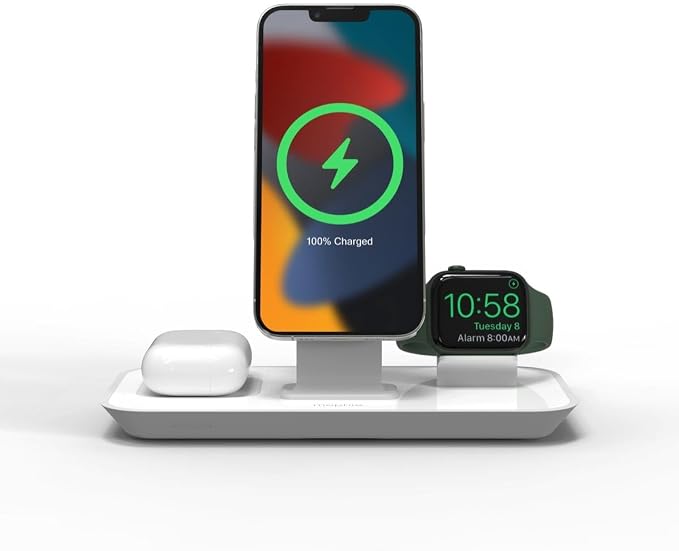 MOPHIE 3-in-1 Wireless Quick-Charger Fast Wireless Charging Dock - Magnetic Charge Stand for iPhone 16/15/14/13/12 Apple Watch Airpods Charging for Three Devices (Renewed)