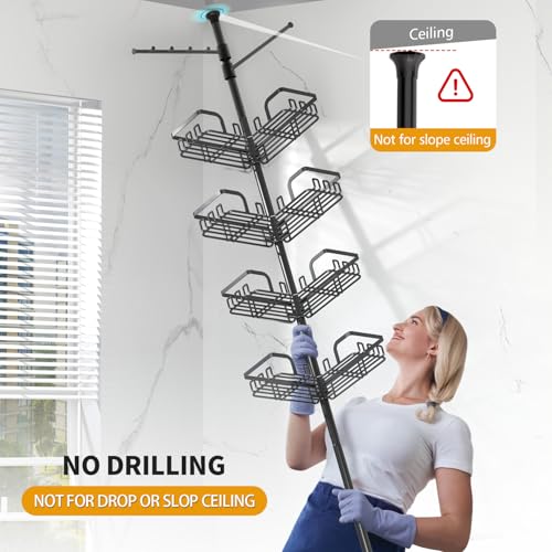 KEGII Shower Caddy Tension Pole with 2 Towel Bars, Corner Shower Organizer Shelves for Bathtub Shampoo Storage, Adjustable Shower Tension Rod with Razor Holder & Hooks - style: Tension Pole with 2 Towel Bars-Black