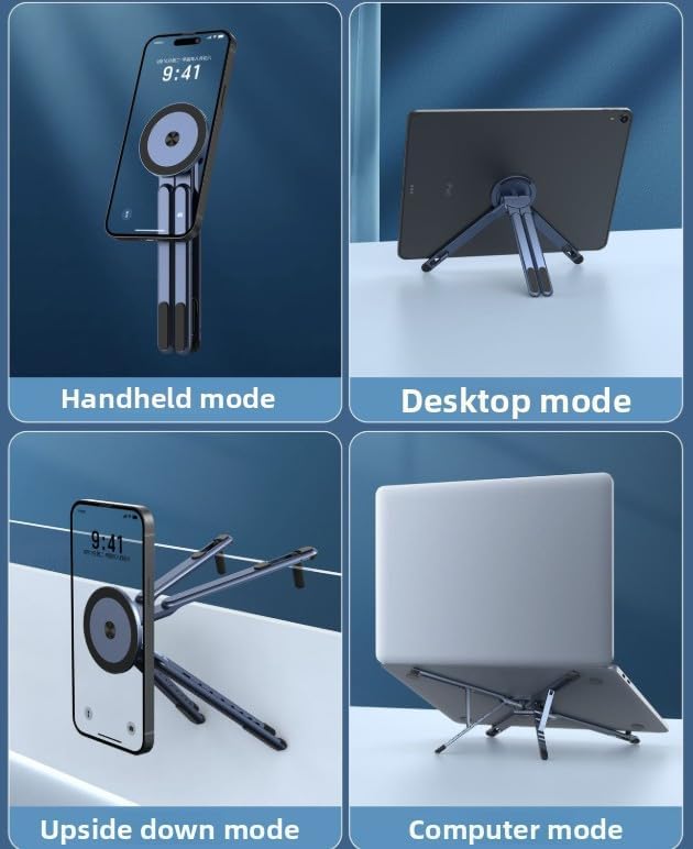 Portable Laptop Stand for Desk Foldable Adjustable Computer Riser with Magnetic Phone Holder Aluminum Laptop Stand Tablet Stand Mobile Phone Holder (Navy Blue)