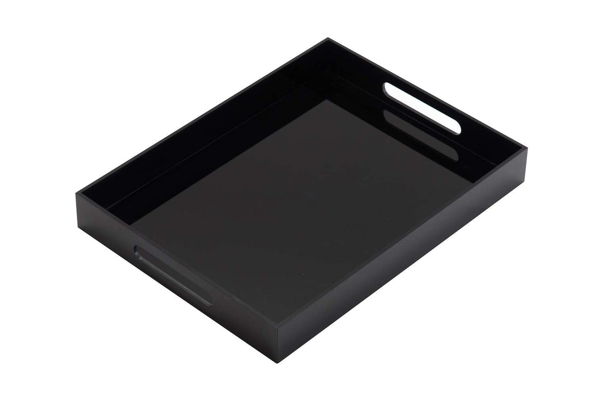 KEVLANG Glossy Black Sturdy Acrylic Serving Tray with Handles-10x10Inch-Serving Coffee,Food,Breakfast,Butler-Kitchen Countertop Tray-Makeup Drawer Organizer-Vanity Table,Ottoman Tray-Decorative Tray
