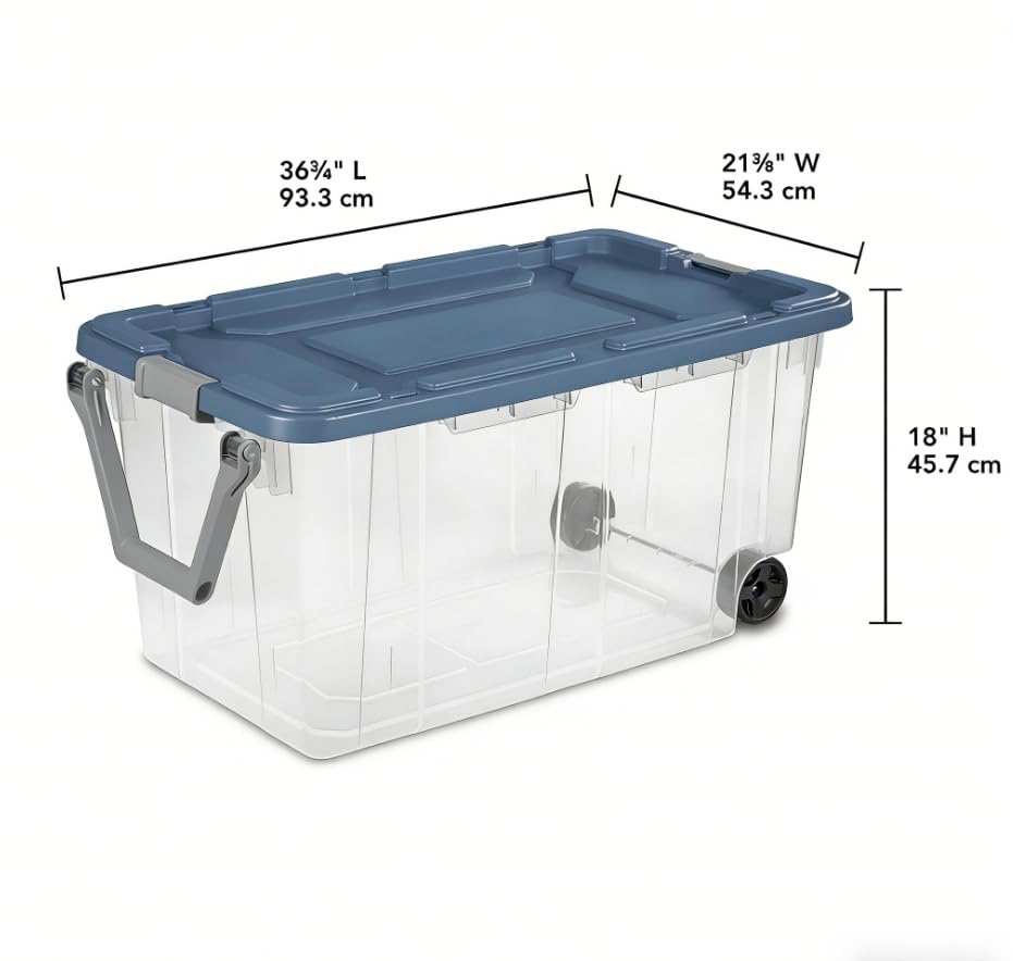 160-quart durable clear storage box with locking lid and handle, blue, 2-pack