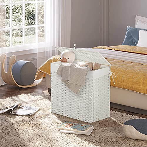 Greenstell Laundry Hamper with Lid, 125L Large Clothes Hamper with 3 Section & 2 Section Removable Liner Bags & 5 Mesh Laundry Bags, Handwoven Synthetic Rattan Divided Laundry Basket, White - color: White
