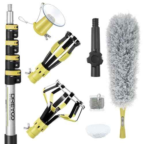Dreyoo Light Bulb Changer Set with 3 to 12 ft Telescopic Extension Pole, Cage and Suction Cup Light Bulb Changer for High Ceilings and Recessed Lights, Ceiling Lightbulb Removal Tool, Yellow