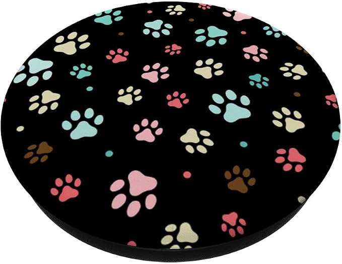 Cute Colorful Paw Print Pattern On Black Background PopSockets Adhesive PopGrip