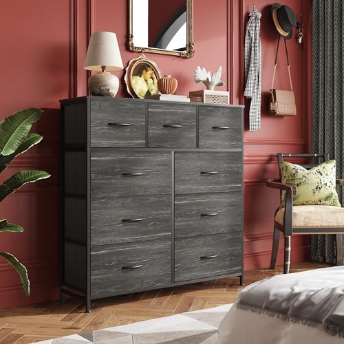 WLIVE 9-Drawer Dresser, Fabric Storage Tower for Bedroom, Entryway, Closet, Tall Chest Organizer Unit with Fabric Bins, Steel Frame, Wood Top, Easy Pull Handle, Charcoal Black Wood Grain Print - color: Charcoal Black Wood Grain Print