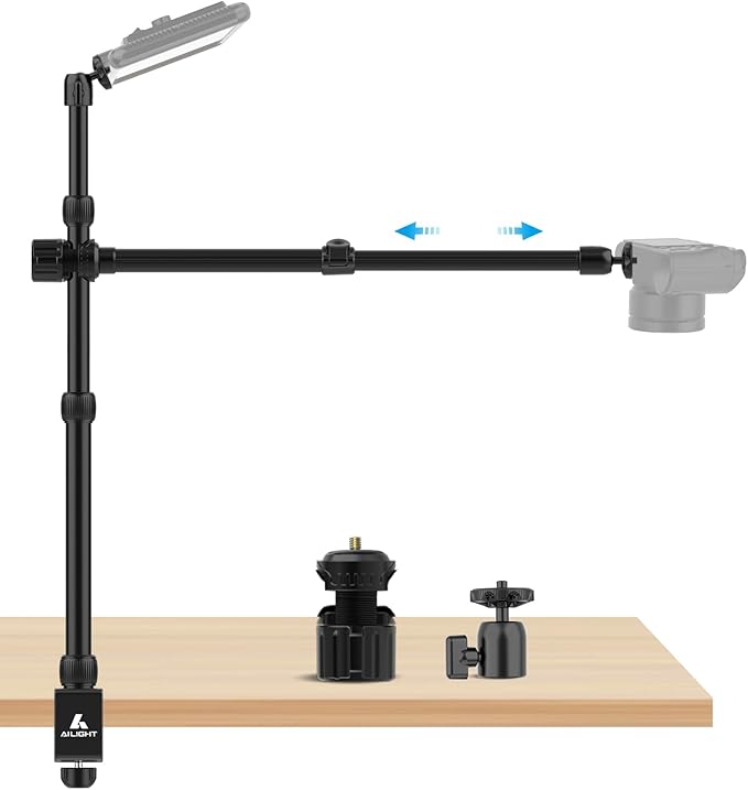 Ailight Overhead Camera Mount Desk Stand, 15.75"-33.45" Webcam Mount with 2-Section Adjustable Telescopic Boom Arm, C Clamp/Swiveling Ball Head for DSLR Camera, Phone Clip, Ring Light, Webcam
