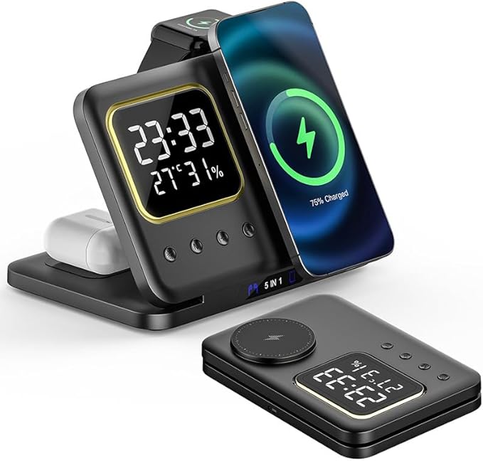 IHAO 5in1 Multi Functional Wireless Charger with Digital Clock 15W Fast Charge Night Light Temperature Display Magnetic Attraction Compliant for iPhone iWatch and Qi Headphone-DH13 Black