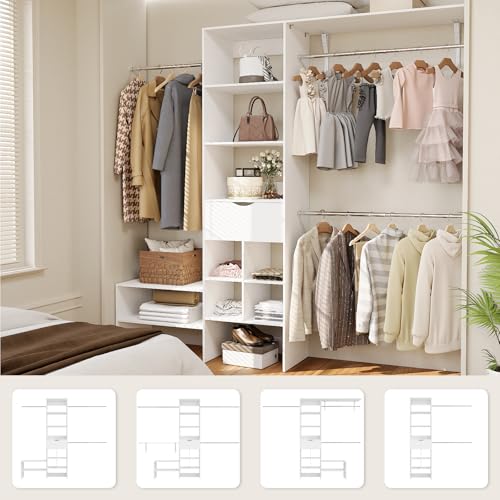 8ft Closet System with Drawers, 99 Inches Walk in Closet Organizer System with 3 Hanging Rods, Adjustable Built in Closets Systems, Sturdy Closets Insert, Easy Assembly, Max Load 1000 Lbs, White