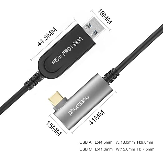 USB A to C Extension Fiber Optical Cable USB 3.2 Gen2 10Gbps 10M 33FT Right Angled Compatible with Microsoft Azure Logitech Aver Vaddio Camera Barco ClickShare Kinect Intel RealSense