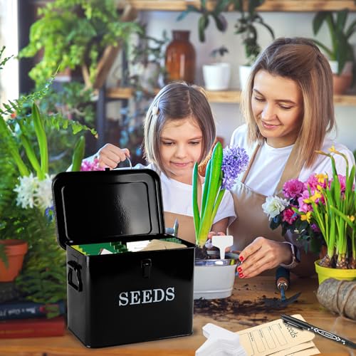 Seed Storage Organizer, T-Shape Compartment Seed Box with Safety Lock, Metal Seed Saving Box, Portable Seed Bin Container with Handle, Including 2 Pens 20 Plant Labels 50 Seed Envelopes-Black - color: Tall-Black