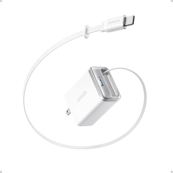 Anker Nano Retractable USB C Charger Block Compact 35W Phone Charger | 2-Port Charger with Durable Built-in Anker InstaCord Retractable Cable for iPhone 17/16/15 iPad(BlackNon-Battery)