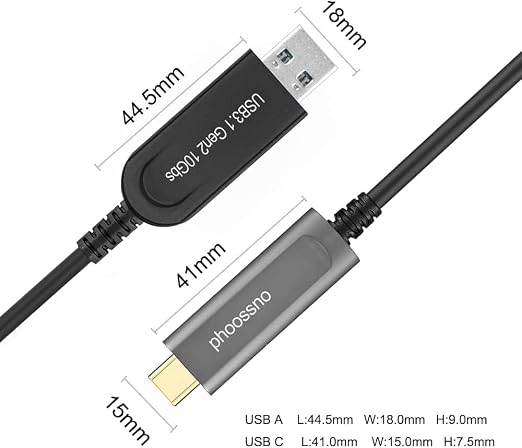 USB A to C Extension Fiber Optical Cable USB 3.2 Gen2 10Gbps 10M 33FT Right Angled Compatible with Microsoft Azure Logitech Aver Vaddio Camera Barco ClickShare Kinect Intel RealSense