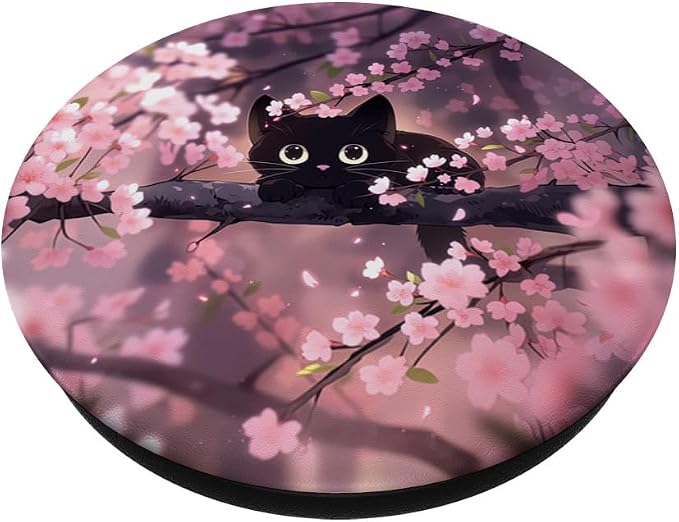 Cute Black Kitten Cat Cherry Blossom Meow Kawaii Anime Cat PopSockets PopGrip for MagSafe
