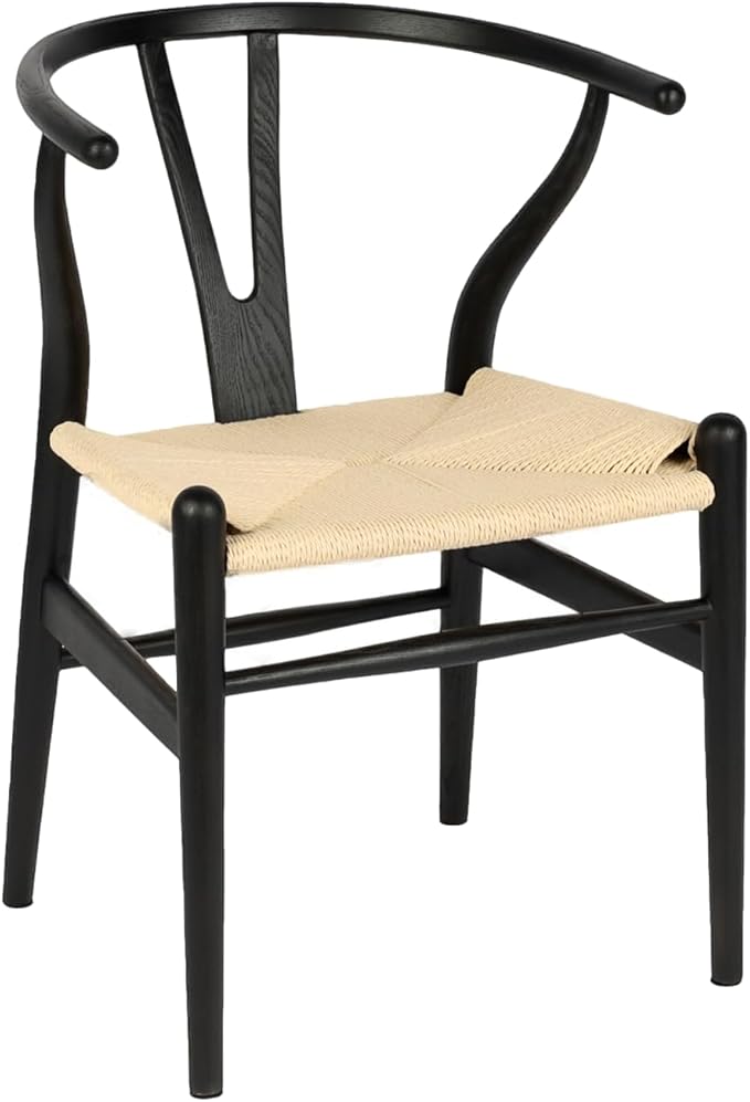 Wishbone Chair Natural Solid Wood Dining Chair/Hans Wegner Y Chair Rattan and Wood Accent Armrest Chairs - Ash Wood Chairs Set of 1 (Ash Wood - Black + Natural Color)