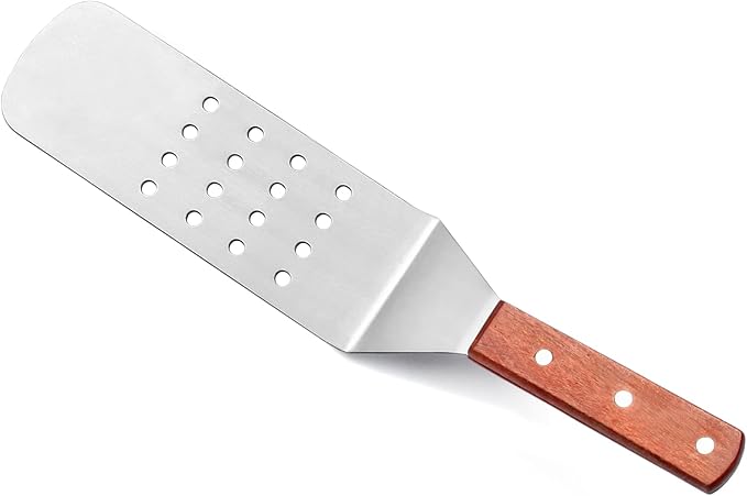 New Star Foodservice 14.5 Inch Perforated Flexible Grill Turner, Stainless Steel Spatula with Wood Handle for Griddle, Flat Top, Grill, and Restaurant Use
