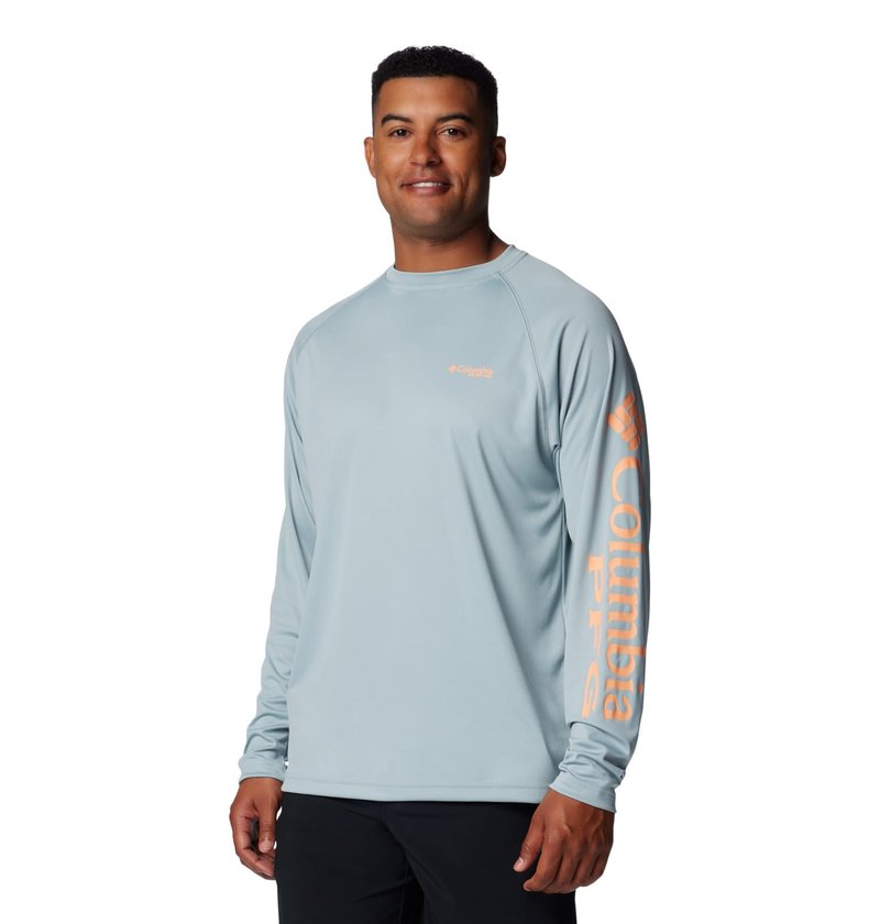 Columbia Men's PFG Terminal Tackle Long Sleeve Fishing Shirt, Crushed Blue/Bright Nectar Logo, 3X Tall
