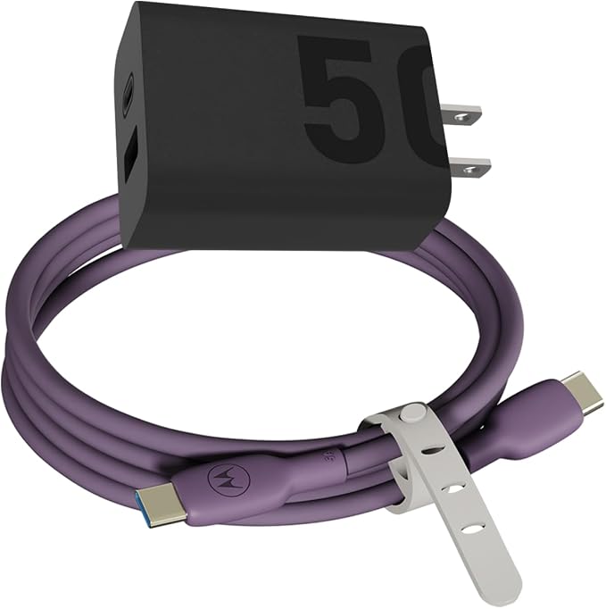 Motorola TurboPower 50W Dual Port Charger + Purple Silicone Cable Bundle