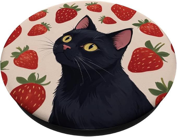 Beige Red Strawberry Black Cat Illustration Print PopSockets PopGrip for MagSafe