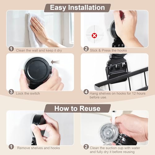 JOTPE Shower Caddy Suction Cup 2 Pack, No Drilling Shower Organizer for Bathroom with Large Capacity, Storage Suction Powerful Max Hold 40 lbs, Waterproof & Removable Bathroom Shelf, Black - size: Extra large