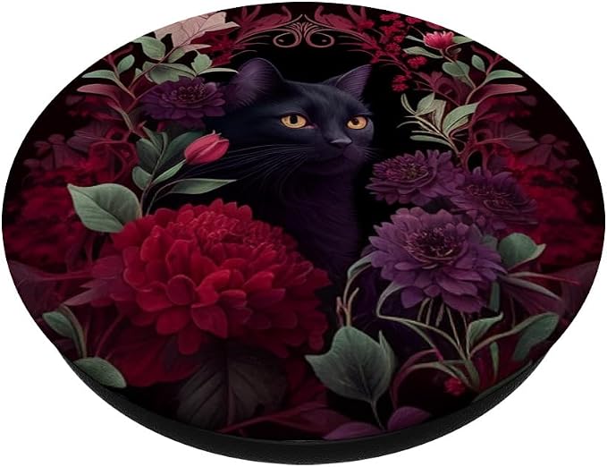 Black cat Hidden Flower Design with Burgundy Maroon Flowers PopSockets Adhesive PopGrip