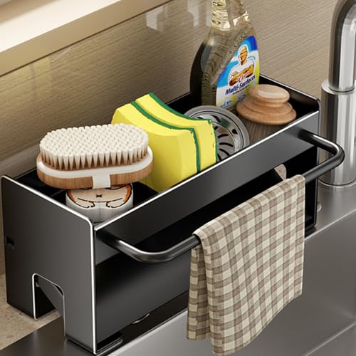 Kitchen Sink Caddy Organizer,Sponge Holder for Kitchen Sink with Drain Board,Stainless Steel - color: Black
