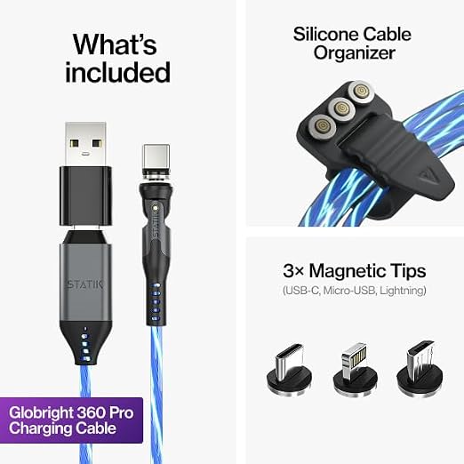 Statik 360 Pro Magnetic Charging Cable - Type C Charger Fast Charging 3 in 1 USB C to USB C Cable Micro USB &amp iProduct Tips USB A Adapter Fits All Devices - 100W Fast Charger Black 10FT/3M
